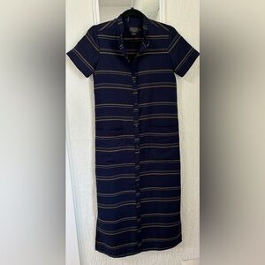 Pendleton long shirt dress buttons front Navy blue golden stripes XS